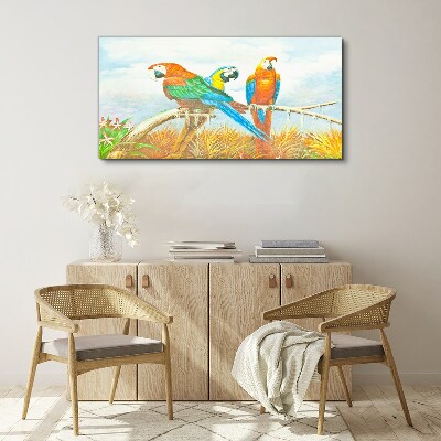 Tropical parrots on a branch Canvas wall art