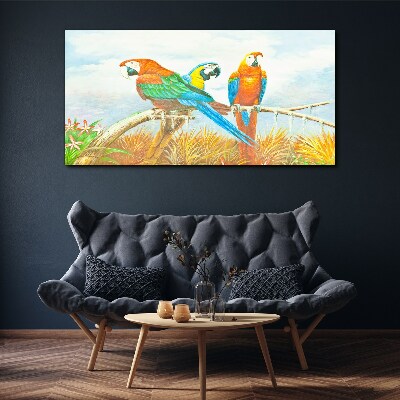 Tropical parrots on a branch Canvas wall art