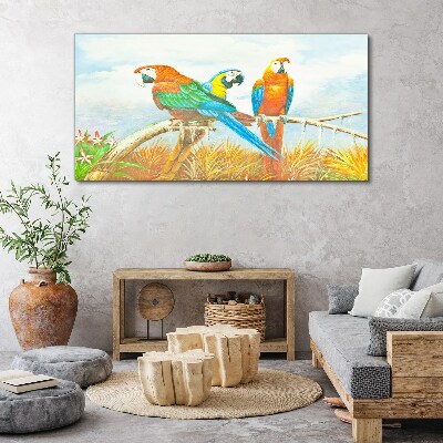 Tropical parrots on a branch Canvas wall art