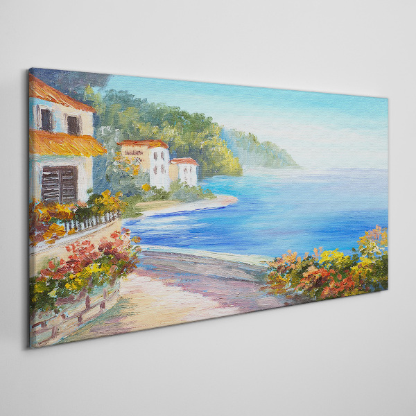 Seaside landscape with colorful houses Print on canvas