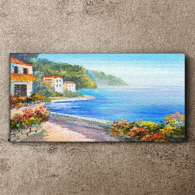 Seaside landscape with colorful houses Print on canvas