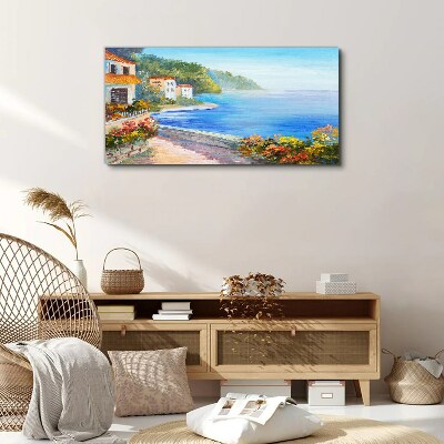 Seaside landscape with colorful houses Print on canvas