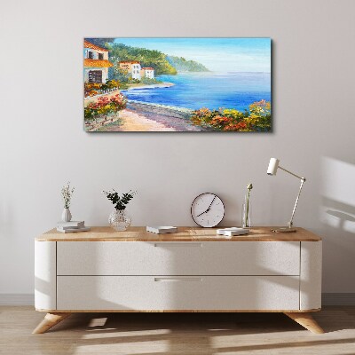 Seaside landscape with colorful houses Print on canvas