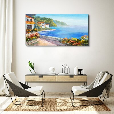 Seaside landscape with colorful houses Print on canvas