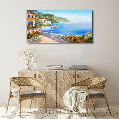 Seaside landscape with colorful houses Print on canvas