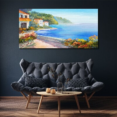 Seaside landscape with colorful houses Print on canvas