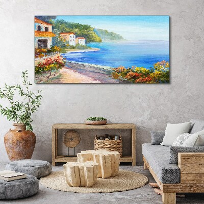 Seaside landscape with colorful houses Print on canvas