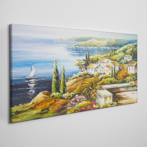 Seaside landscape with a sailboat Print on canvas