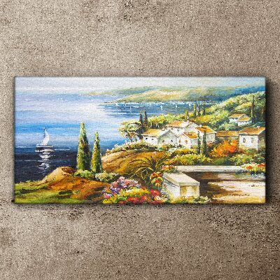 Seaside landscape with a sailboat Print on canvas