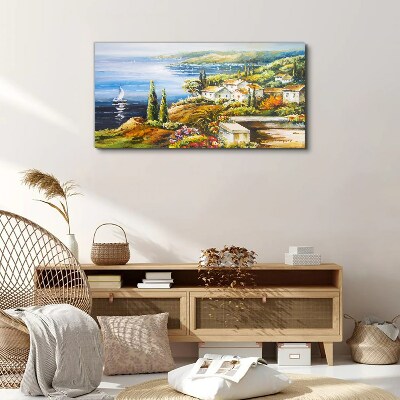 Seaside landscape with a sailboat Print on canvas