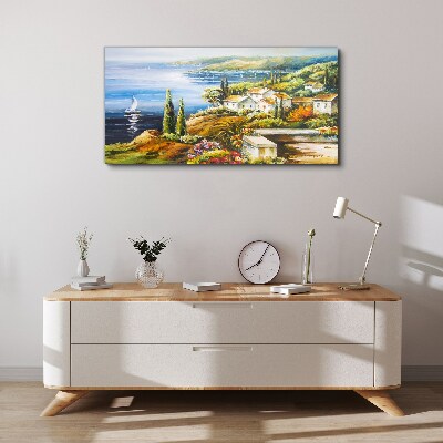 Seaside landscape with a sailboat Print on canvas