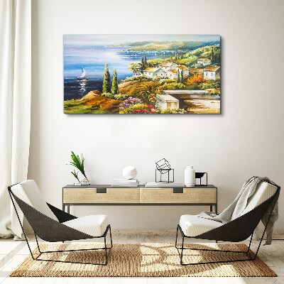 Seaside landscape with a sailboat Print on canvas