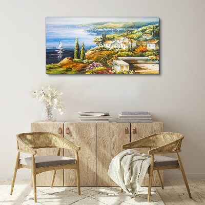Seaside landscape with a sailboat Print on canvas