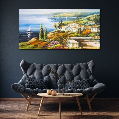 Seaside landscape with a sailboat Print on canvas