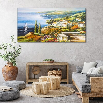 Seaside landscape with a sailboat Print on canvas