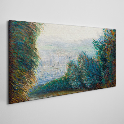 Green landscape with fog Canvas wall art
