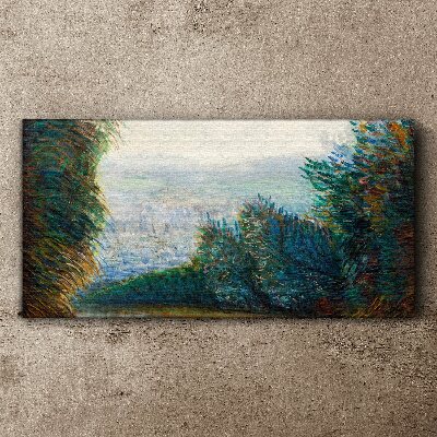 Green landscape with fog Canvas wall art
