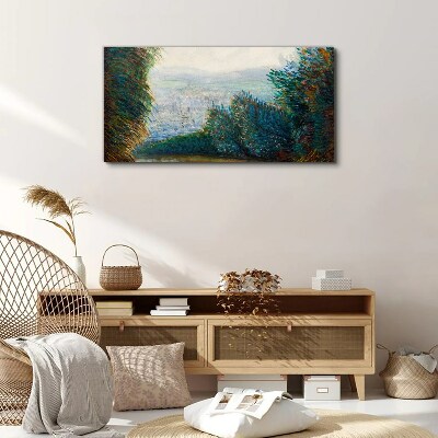 Green landscape with fog Canvas wall art