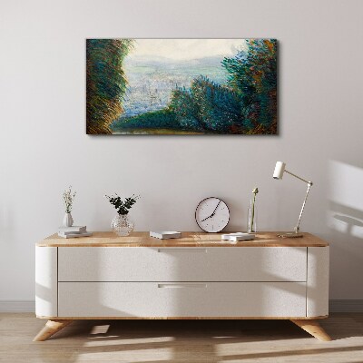 Green landscape with fog Canvas wall art