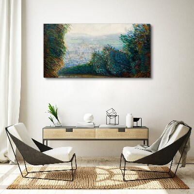 Green landscape with fog Canvas wall art