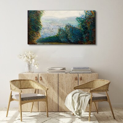 Green landscape with fog Canvas wall art