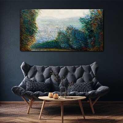 Green landscape with fog Canvas wall art