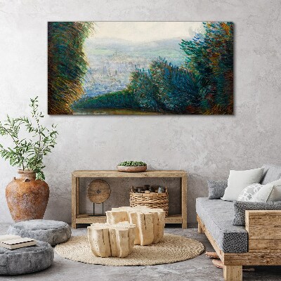 Green landscape with fog Canvas wall art