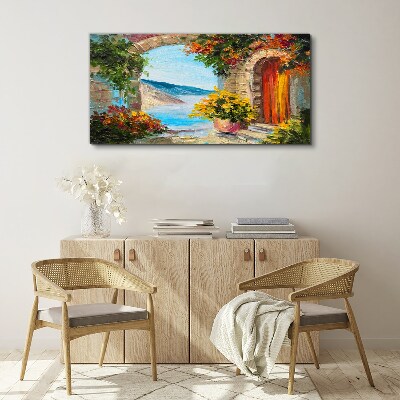 Seaside landscape with flowers Print on canvas