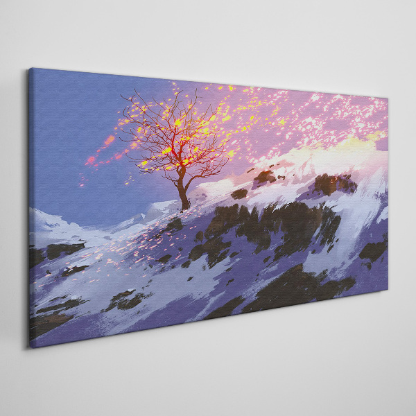 Winter landscape with a burning tree Print on canvas