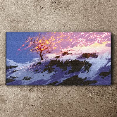 Winter landscape with a burning tree Print on canvas