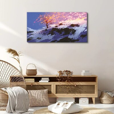 Winter landscape with a burning tree Print on canvas