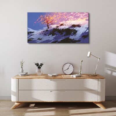 Winter landscape with a burning tree Print on canvas