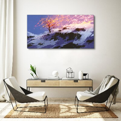 Winter landscape with a burning tree Print on canvas