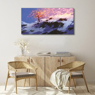 Winter landscape with a burning tree Print on canvas