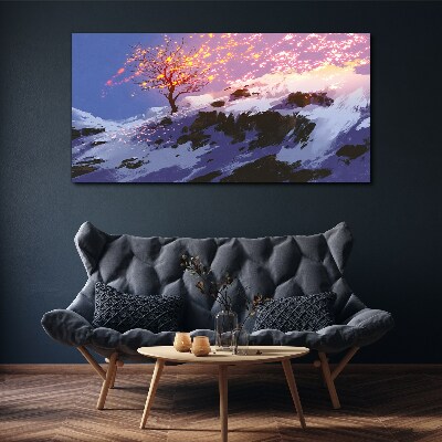 Winter landscape with a burning tree Print on canvas