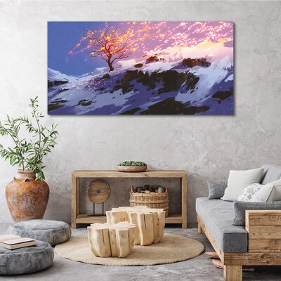Winter landscape with a burning tree Print on canvas