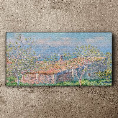 A peaceful landscape with a house and trees Print on canvas