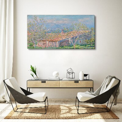 A peaceful landscape with a house and trees Print on canvas
