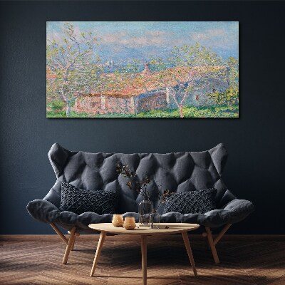 A peaceful landscape with a house and trees Print on canvas