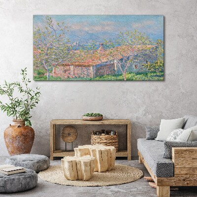 A peaceful landscape with a house and trees Print on canvas