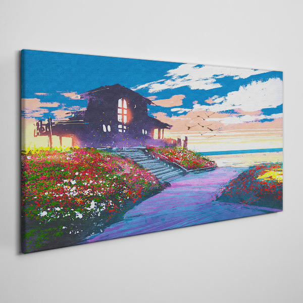Sunset over the flowery shore Canvas wall art