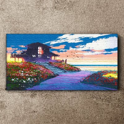 Sunset over the flowery shore Canvas wall art