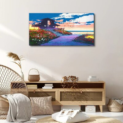 Sunset over the flowery shore Canvas wall art