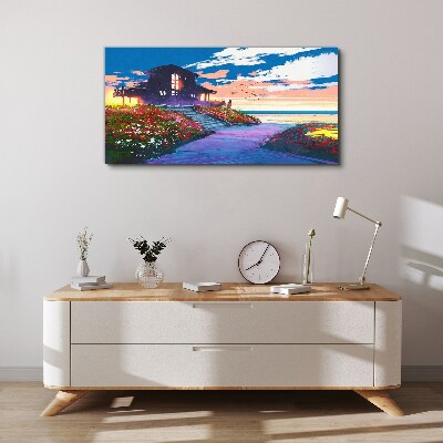 Sunset over the flowery shore Canvas wall art