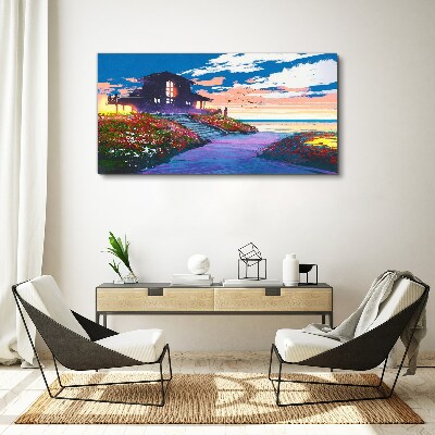 Sunset over the flowery shore Canvas wall art