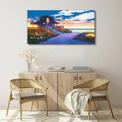 Sunset over the flowery shore Canvas wall art