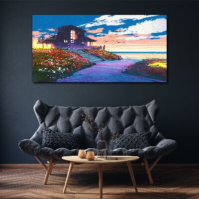 Sunset over the flowery shore Canvas wall art