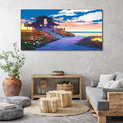 Sunset over the flowery shore Canvas wall art