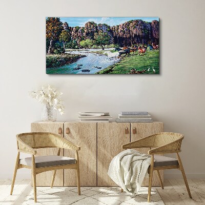 Landscape with horses by the river Canvas wall art