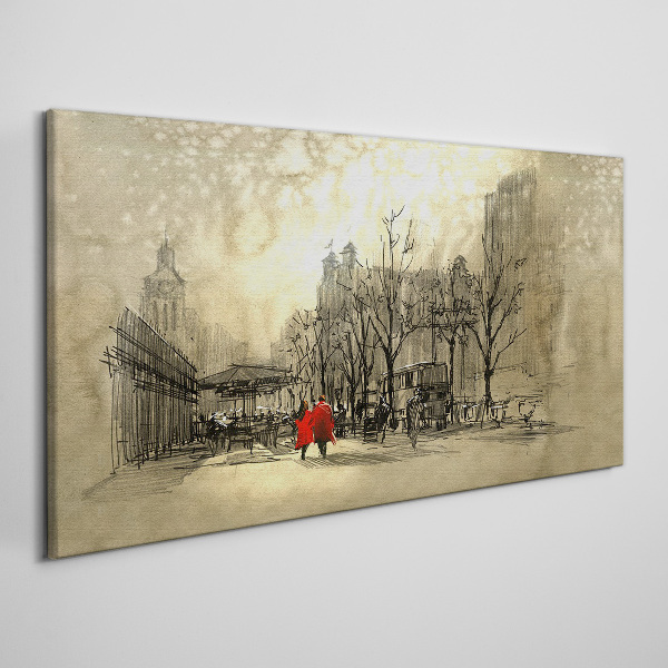 Red coat in the cityscape Print on canvas
